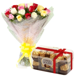 B Day Special Fresh Cut Mixed Roses with Ferrero Rocher Chocolate