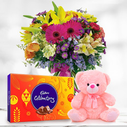 Pretty Mixed Flowers with Cadbury Celebrations N Teddy 