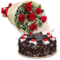 Attractive Combo of Black Forest Cake N Bouquet of Red Rose
