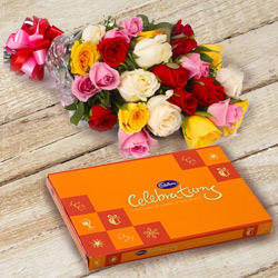 Gorgeous Mixed Roses Bunch and Cadbury Celebrations to Alwaye