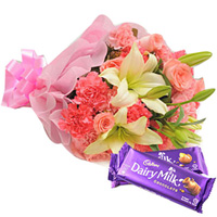 Pretty Mixed Flowers Bouquet with Cadbury to India