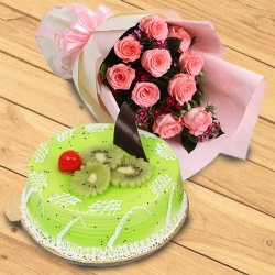 Bouquet of 10 Pink Roses with 1 kg Kiwi Cake to Rajamundri