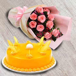 Luscious Mango Flavour Cake with Red Roses Bouquet