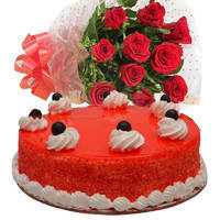 Unforgettable Bouquet of Red Roses with Red Velvet Cake
