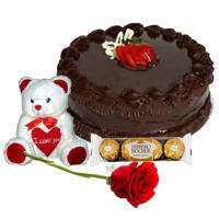 Tasty Chocolate Cake with Teddy, Ferrero Rocher N Red Rose to Punalur
