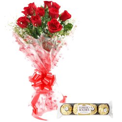 Delectable Ferrero Rocher with Red Roses Bouquet to Uthagamandalam