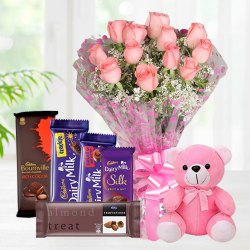 Exclusive Teddy with Pink Roses Bouquet N Mixed Cadbury Chocolates to Alwaye