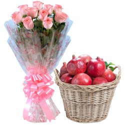 Exotic Pink Roses Bouquet with Pomegranates in Basket