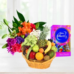 Yummy Chocolate Pack with Fruits Basket and Floral Bouquet