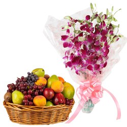 Beautiful Orchids Bouquet with Fresh Fruits Basket to Marmagao