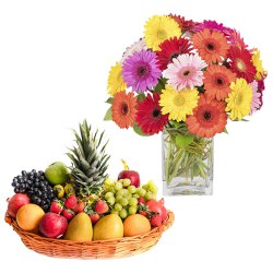 Bunch of Mixed Gerberas in a Vase with Fresh Fruits Basket to Alwaye