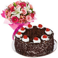 Vibrant Mixed Flower Arrangements with 1 Lb Black Forest Cake