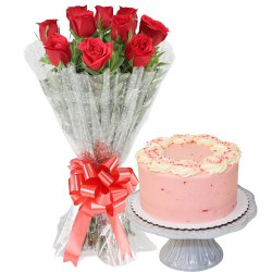 Classic Birthday Strawberry Cake with Rose Bouquet to India