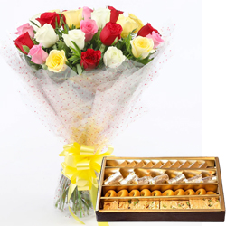 Resplendent 20 Roses and tasty assorted Sweets to Alwaye