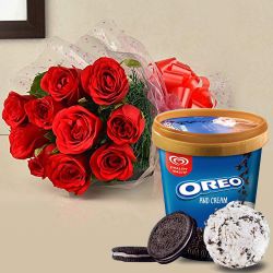 Beautiful Red Roses Bouquet with Oreo Ice Cream Tub from Kwality Walls