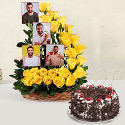 Spectacular Basket of Yellow Roses n Personalized Pic with Black Forest Cake to Uthagamandalam
