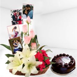 Breathtaking Mixed Roses N Personalized Photos Arrangement n Chocolate Cake to Rajamundri