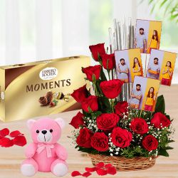 Stunning Red Roses N Personalized Photos Arrangement with Soft Teddy n Ferrero Moments to Tirur