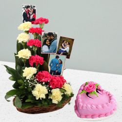 Stunning Mixed Carnations and Personalized Photo Basket with Love Strawberry Cake to Alwaye