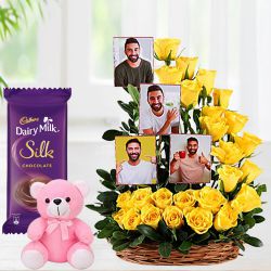 Beautiful Basket of Roses n Personalized Pictures with Cute Teddy and Cadbury Silk to Sivaganga