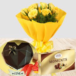 Classy Choice of Yellow Rose Bouquet, Chocolate Heart Smash Cake n Ferrero Moments