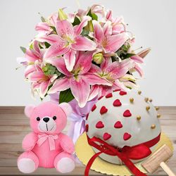 Ravishing Gift of Pink Lily Bunch, Ball of Love Hammer Cake n a Soft Teddy	