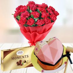 Exclusive Strawberry Love Hammer Cake, Carnations Bouquet n Ferrero Moments Gift Combo