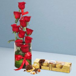 Stunning Combo of Red Roses in Vase with Ferrero Rocher