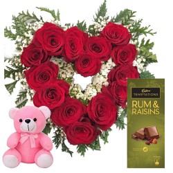 Hearty Arrangement of Red Roses, Cadbury Temptation n Love Teddy Gift Combo