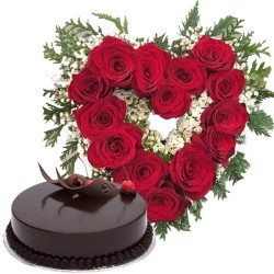 Awesome Heart-Shape Arrangement of Red Roses n Chocolate Cake Gift Combo
