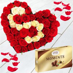 Lovers Delight Heart-Shape Mixed Roses n Ferrero Moments