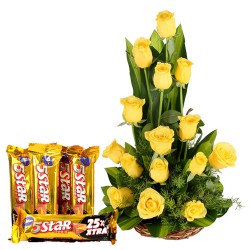 Charming Yellow Roses in Cane Basket N Cadbury 5 Star Gift Combo