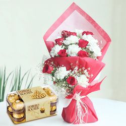 Splendid Bouquet of Red Roses n White Carnation with Ferrero Rocher for Valentine