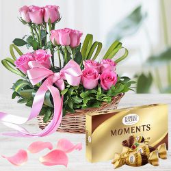 Exclusive Pink Roses n Ferrero Rocher Chocolates for Kiss Day