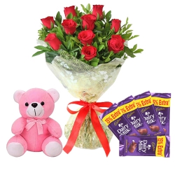 Exotic Roses Bunch with Chocolates N Teddy	