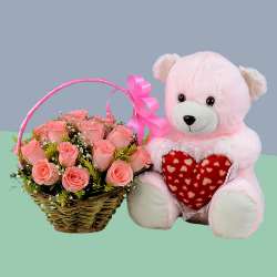 Dressed in Pink Roses Basket with Soft Teddy