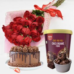 Charming Red Roses with Kwality Walls Choco Brownie Fudge Ice Cream n Chocolate Cake to Perintalmanna