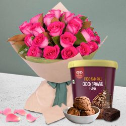 Joyful Kwality Walls Choco Brownie Fudge Ice Cream with Pink Roses Bouquet to Marmagao