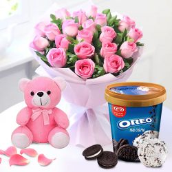 Delectable Kwality Walls Oreo Ice Cream with Pink Roses Bouquet n Love Teddy to Rajamundri