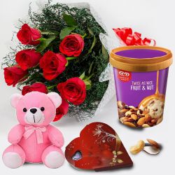 Heavenly Red Roses n Kwality Walls Twin Flavor Ice Cream with Teddy n Handmade Chocolates to India