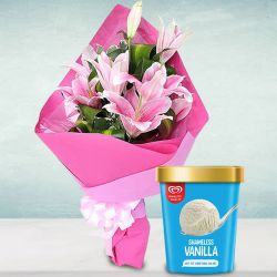 Exotic Pink Lilies Bouquet with Vanilla Ice Cream from Kwality Walls to Punalur
