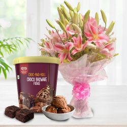 Mesmerizing Pink Lilies Bouquet with Choco Brownie Fudge Ice Cream from Kwality Walls to Punalur