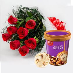 Radiant Red Roses Bouquet with Fruit n Nut Ice-Cream from Kwality Walls to Karunagapally