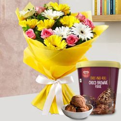 Magnificent Mixed Flower Arrangement with Choco Brownie Fudge Ice Cream from Kwality Walls to Punalur