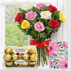 Beautiful Mixed Roses with Ferrero Rocher and Mothers Day Card to Karunagapally