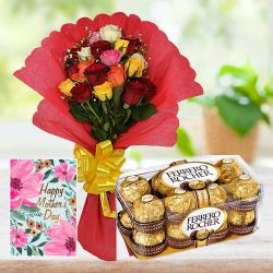 Moms Special Gift of Mixed Roses Bouquet with Ferrero Rocher N Wishes Card to Sivaganga