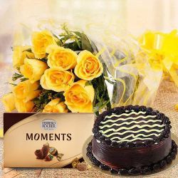 Mesmerizing Chocolate Cake with Yellow Rose Bouquet N Ferrero Rocher Moment to Tirur