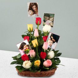 Dazzling Mixed Roses Basket with Personalized Photos to Rajamundri