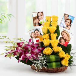 Exotic Orchids n Roses with Personalized Pics in Basket to Alwaye
