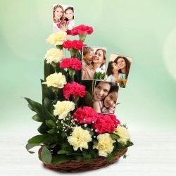 Classic Red n Yellow Carnations n Personalized Photos Basket to Rajamundri